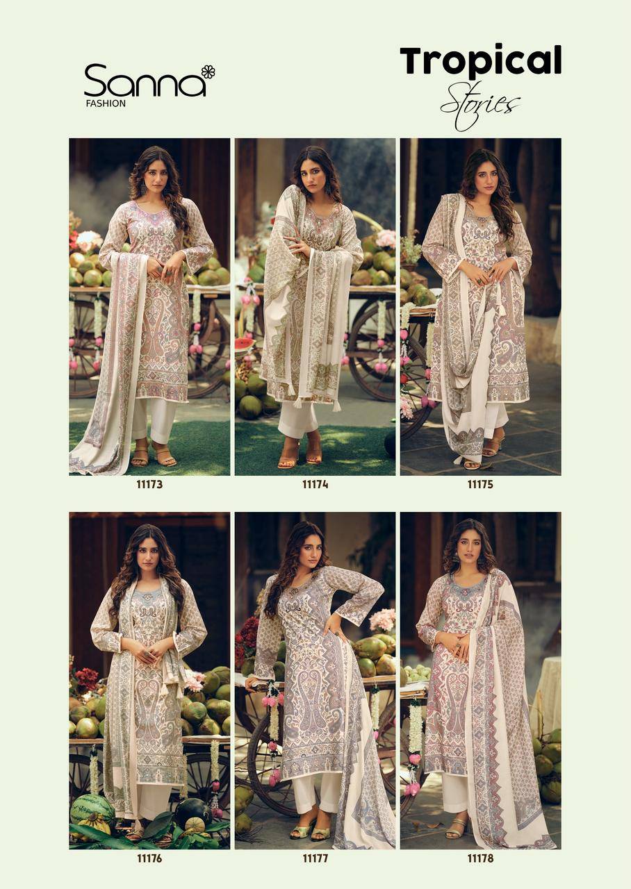  Tropical stories by SANNA FASHION 11173 To 11178 Series Beautiful Fancy Stylish Colourful casual wear Pure Milanz cottonDresses At Wholesale Price